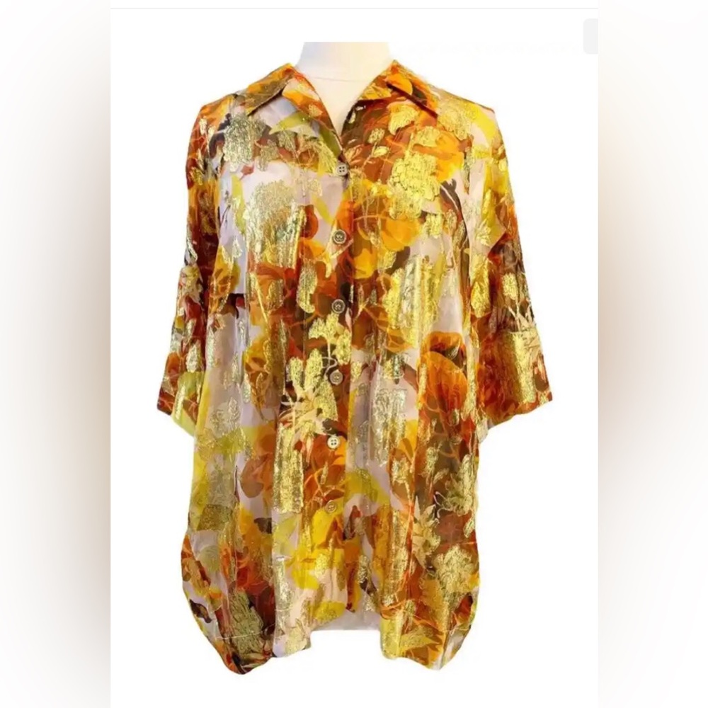TOPSHOP orange metallic gold sheer short sleeve collared tunic Unique split back - Picture 4 of 14